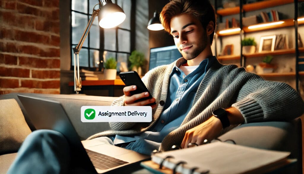 The image of a student receiving a notification about an assignment delivery. The scene captures the student's relief and relaxation on receiving notification.