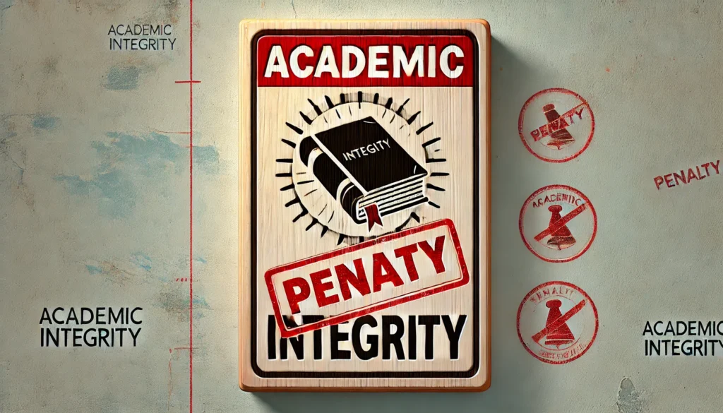 A signboard with the words "Academic Integrity" stamped with a large red "Penalty" mark and surrounded by red-stamped warnings.