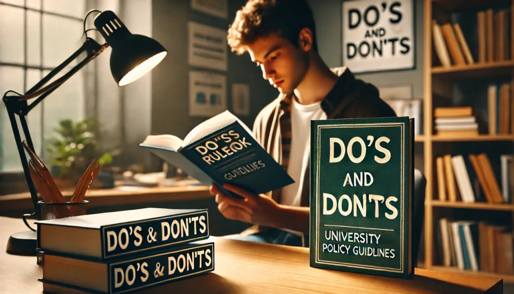 Complying with University guidelines and rules helps students in understanding the legal and ethical use of Assignment Help services. In the image a student is reading a book titled "Do's and Don'ts Rulebook Guidelines" emphasizing rules and guidelines.