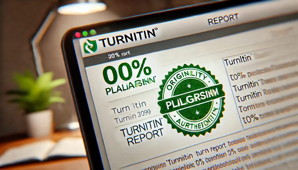 A close-up view of a computer screen displaying a Turnitin report, with the text '0 Plagiarism' and a seal verifying originality.