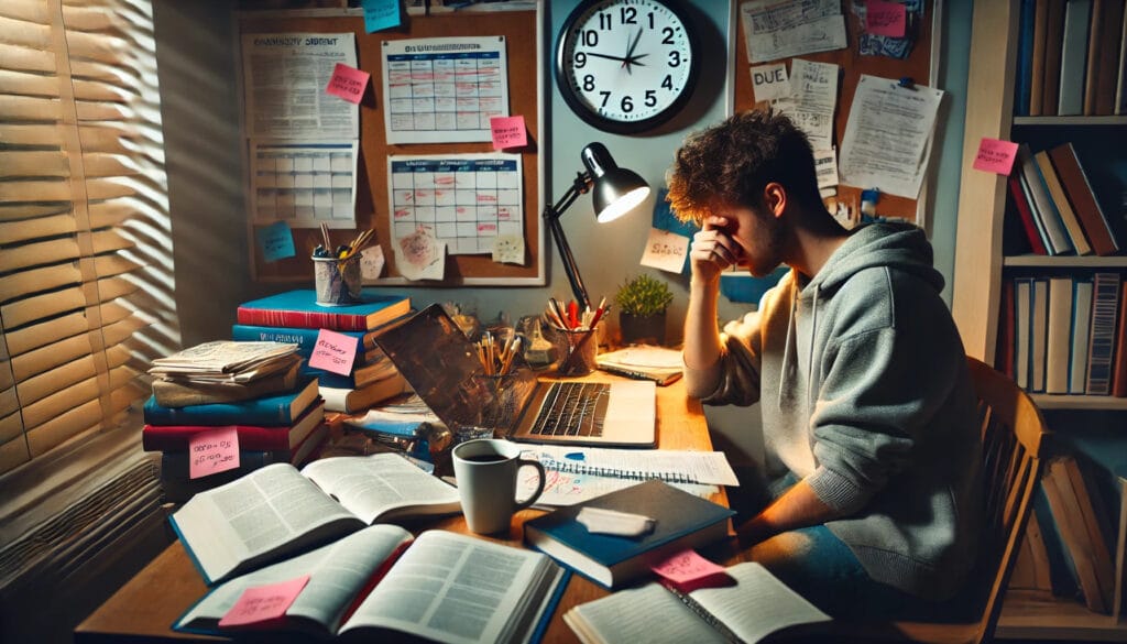 A university student sitting at a cluttered desk, looking stressed and overwhelmed. The image is showing a student managing multiple tasks with a clock in the background, symbolizing time management challenges.