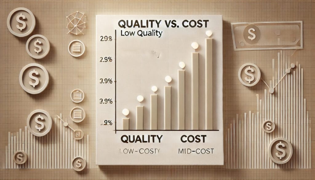 The image of a simple bar graph comparing quality versus cost for assignment help services. It features a higher-quality bar positioned slightly above mid-cost and a low-cost bar labeled 'Low Quality' in small print. It also addresses the question how to choose the right assignment help service.