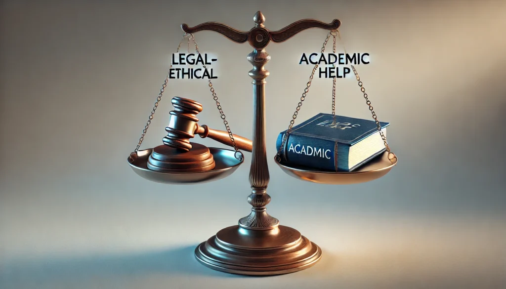 The image represents a balanced scale with one side labeled 'Legal-Ethical' and the other 'Academic Help'. The gavel represents the legal-ethical side, and the book represents academic support.