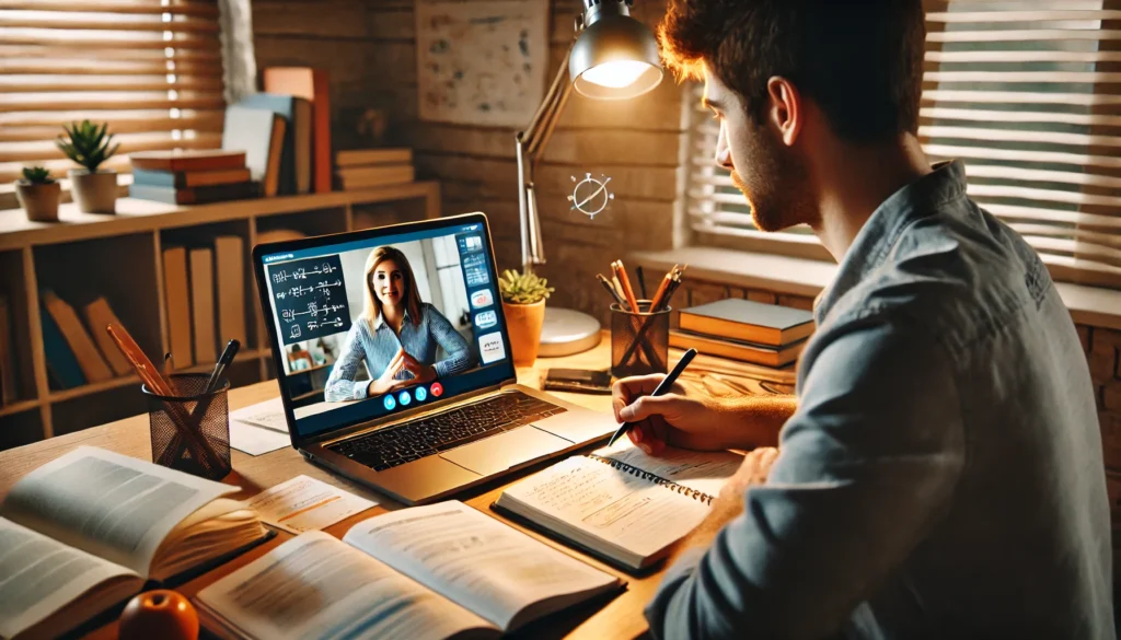 A student sitting at a desk with a laptop, participating in an online video call with a tutor. The laptop screen displays the tutor explaining a lesson. This is a legal and ethical case of using Assignment Help.