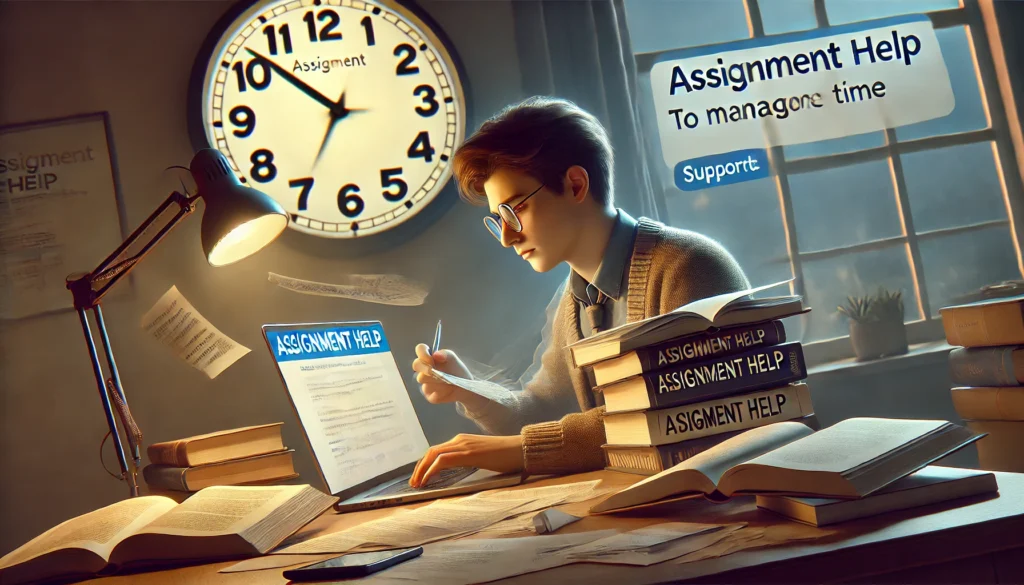 A scene with a clock in the background, symbolizing the pressure of time, while a student is working on multiple tasks at their desk.